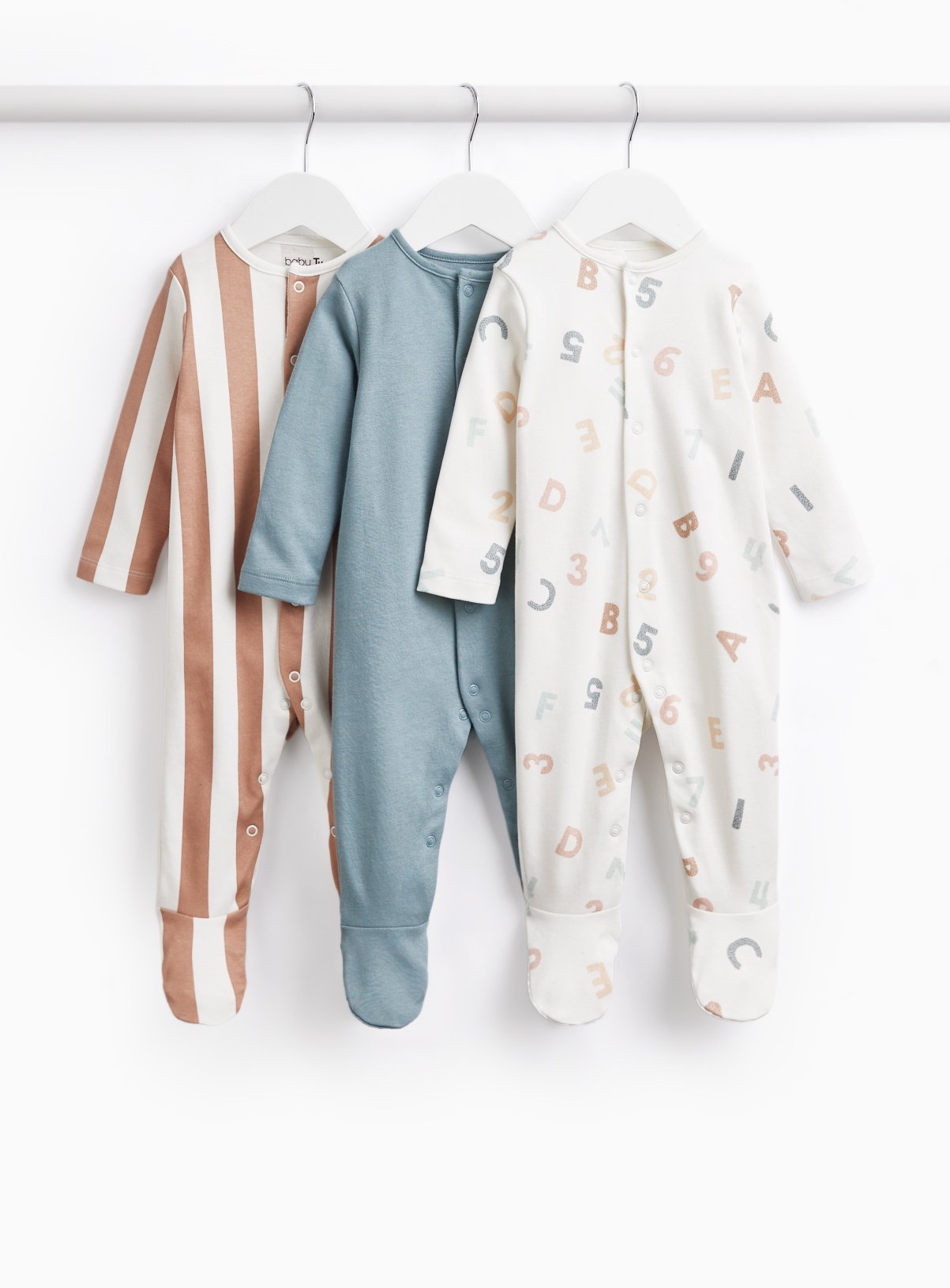 Numbers & Stripe Print Sleepsuits 3 Pack 9-12 months - Image 1 thumbnail